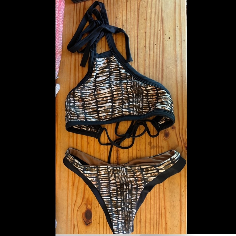 Issa de Mar bikini - Pebble Coco top thong bottom - high neck brown & black